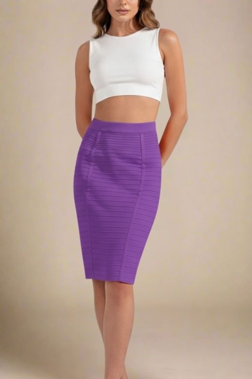 Woman wearing a figure flattering Pencil High Waist Bandage Knee Length Knitted Skirt - Plum Purple BODYCON COLLECTION