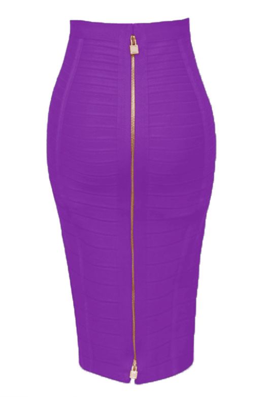 Woman wearing a figure flattering Pencil High Waist Bandage Knee Length Knitted Skirt - Plum Purple BODYCON COLLECTION