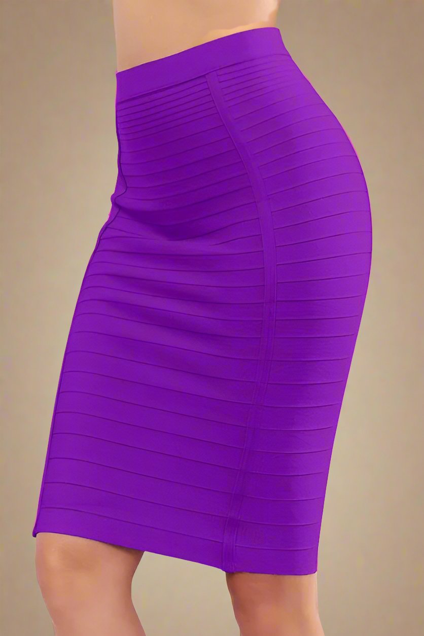 Woman wearing a figure flattering Pencil High Waist Bandage Knee Length Knitted Skirt - Plum Purple BODYCON COLLECTION