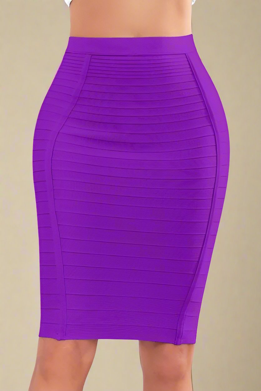Woman wearing a figure flattering Pencil High Waist Bandage Knee Length Knitted Skirt - Plum Purple BODYCON COLLECTION