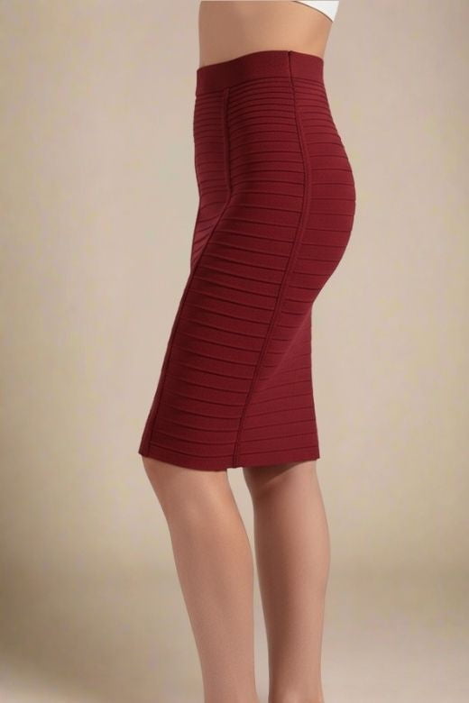 Woman wearing a figure flattering Pencil High Waist Bandage Knee Length Knitted Skirt - Red Wine BODYCON COLLECTION