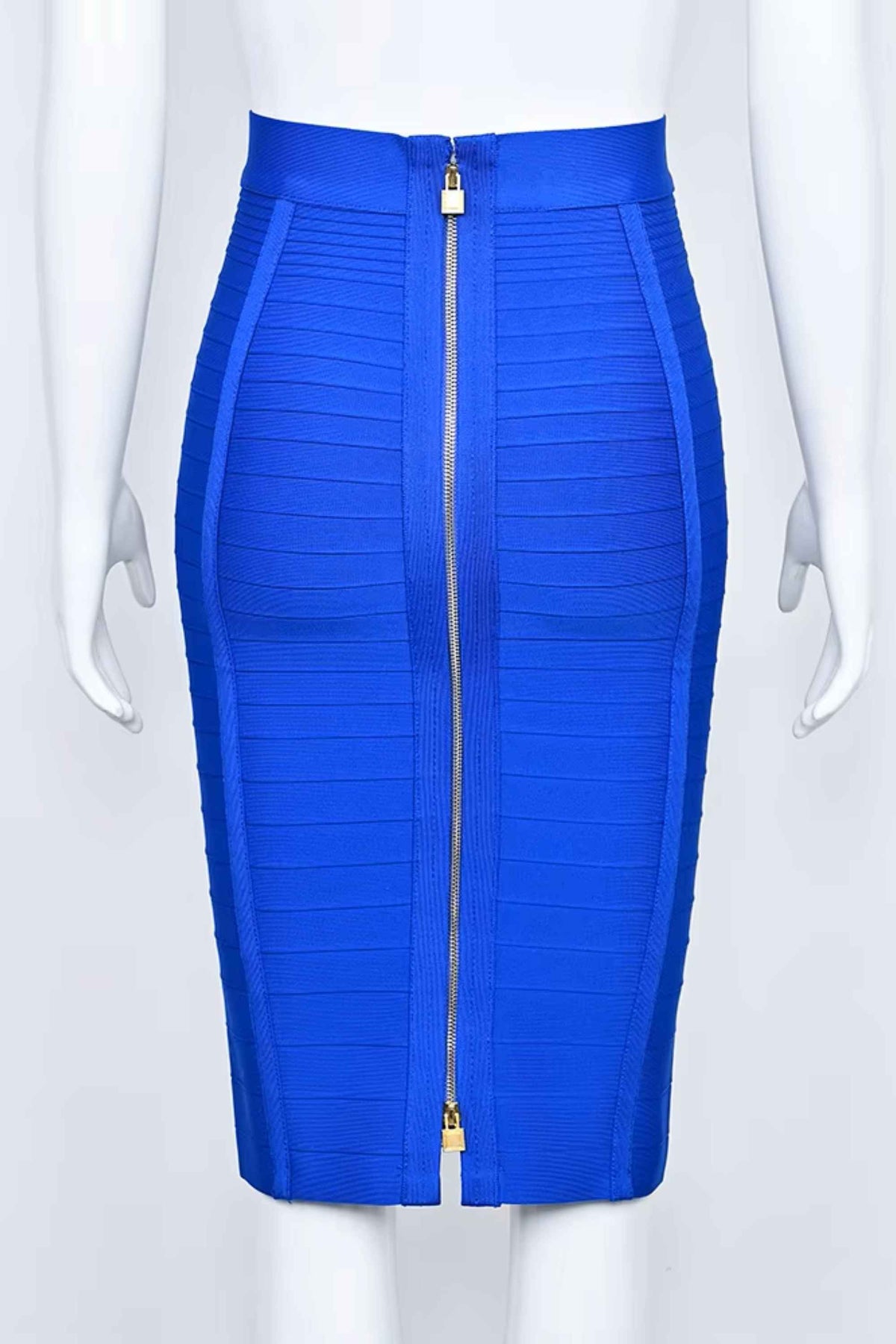 Woman wearing a figure flattering Pencil High Waist Bandage Knee Length Knitted Skirt - Royal Blue BODYCON COLLECTION