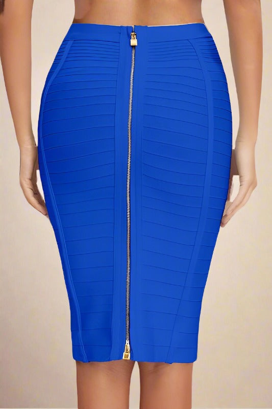 Woman wearing a figure flattering Pencil High Waist Bandage Knee Length Knitted Skirt - Royal Blue BODYCON COLLECTION