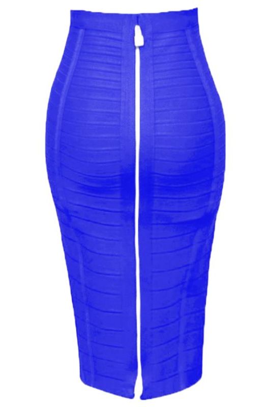 Woman wearing a figure flattering Pencil High Waist Bandage Knee Length Knitted Skirt - Royal Blue BODYCON COLLECTION