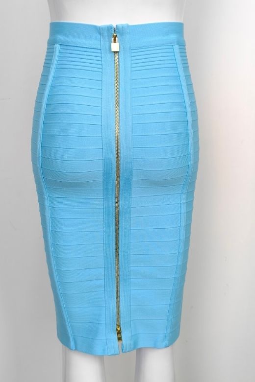 Woman wearing a figure flattering Pencil High Waist Bandage Knee Length Knitted Skirt - Sky Blue BODYCON COLLECTION