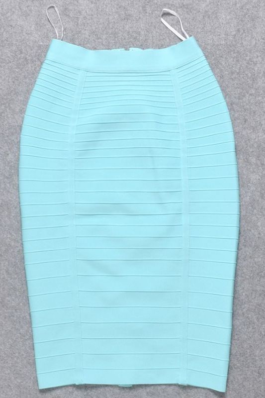 Woman wearing a figure flattering Pencil High Waist Bandage Knee Length Knitted Skirt - Sky Blue BODYCON COLLECTION