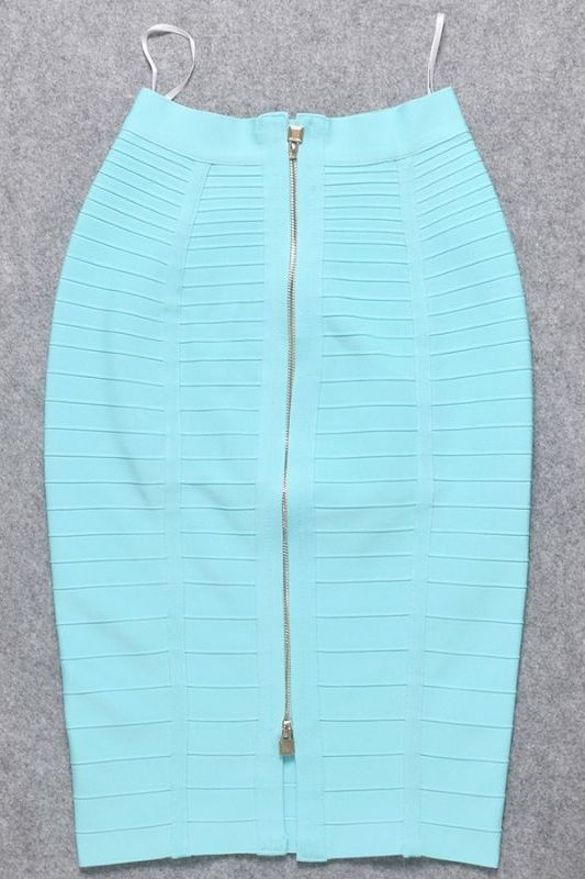 Woman wearing a figure flattering Pencil High Waist Bandage Knee Length Knitted Skirt - Sky Blue BODYCON COLLECTION