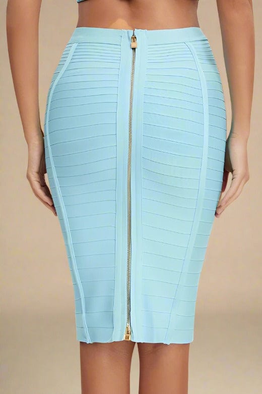 Woman wearing a figure flattering Pencil High Waist Bandage Knee Length Knitted Skirt - Sky Blue BODYCON COLLECTION