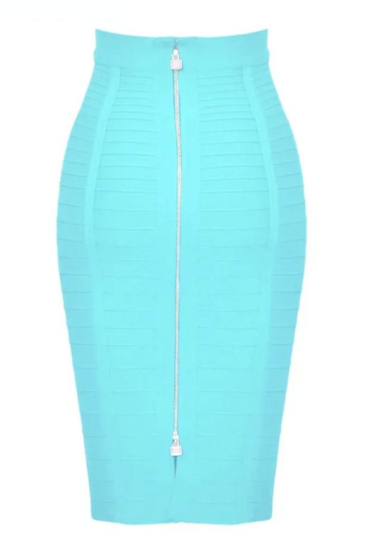 Woman wearing a figure flattering Pencil High Waist Bandage Knee Length Knitted Skirt - Sky Blue BODYCON COLLECTION