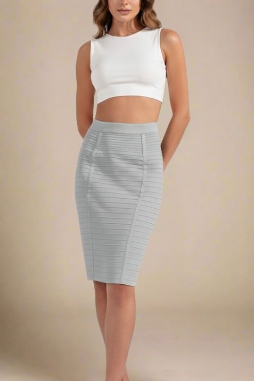 Woman wearing a figure flattering Pencil High Waist Bandage Knee Length Knitted Skirt - Steel Grey BODYCON COLLECTION