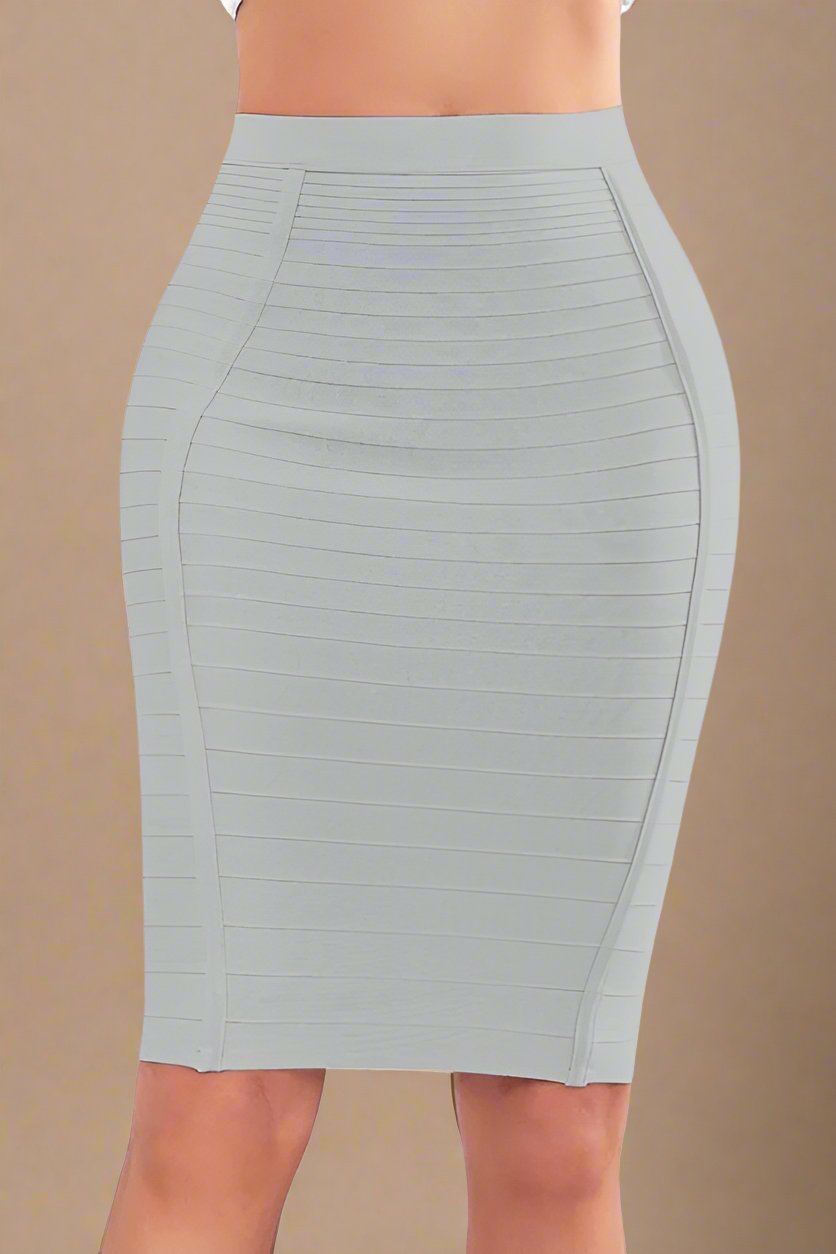 Woman wearing a figure flattering Pencil High Waist Bandage Knee Length Knitted Skirt - Steel Grey BODYCON COLLECTION