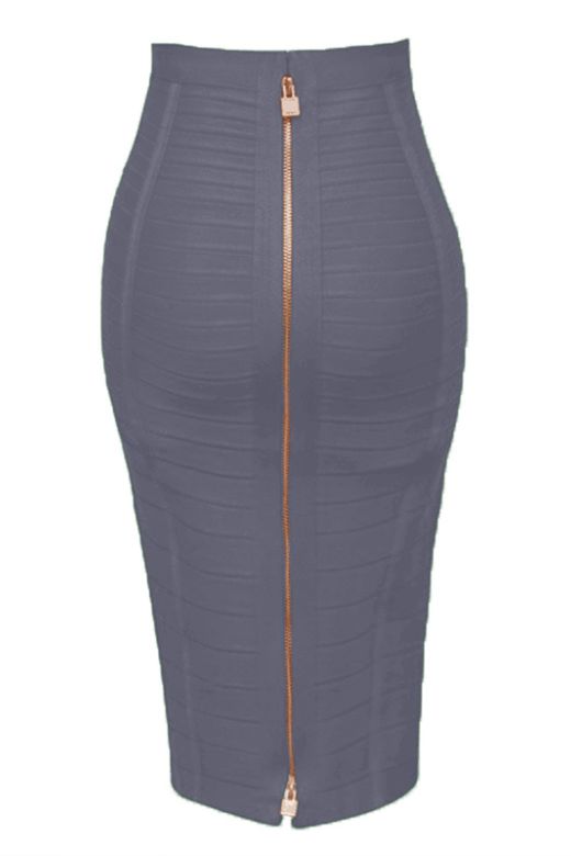 Woman wearing a figure flattering Pencil High Waist Bandage Knee Length Knitted Skirt - Steel Grey BODYCON COLLECTION