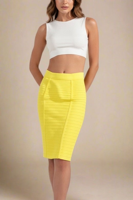 Woman wearing a figure flattering Pencil High Waist Bandage Knee Length Knitted Skirt - Sun Yellow BODYCON COLLECTION