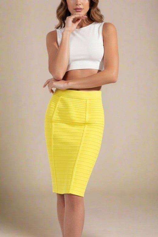 Woman wearing a figure flattering  Pencil High Waist Bandage Knee Length Knitted Skirt - Sun Yellow BODYCON COLLECTION