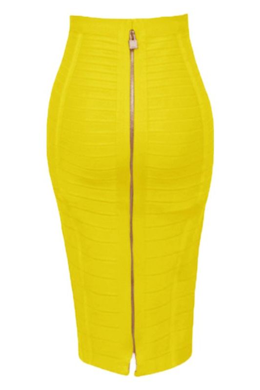 Woman wearing a figure flattering Pencil High Waist Bandage Knee Length Knitted Skirt - Sun Yellow BODYCON COLLECTION