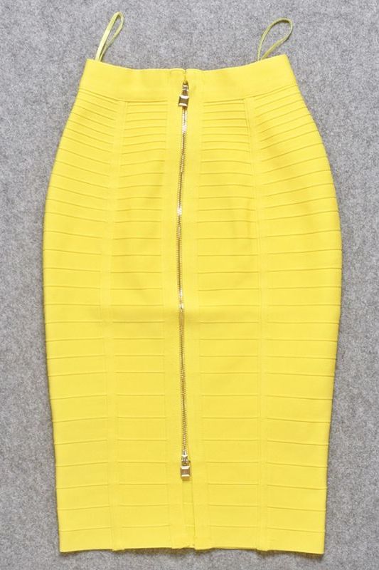 Woman wearing a figure flattering Pencil High Waist Bandage Knee Length Knitted Skirt - Sun Yellow BODYCON COLLECTION