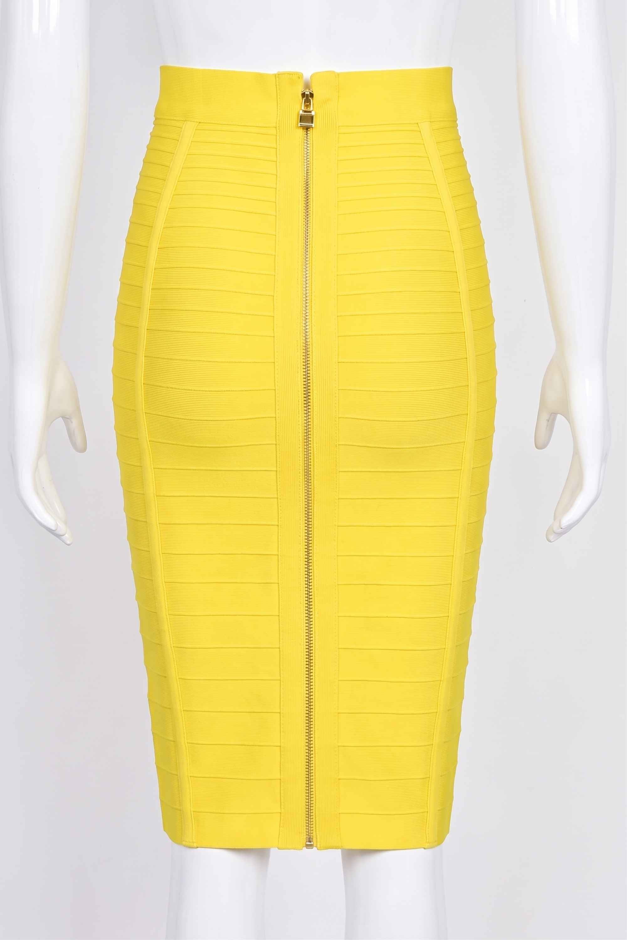 Woman wearing a figure flattering Pencil High Waist Bandage Knee Length Knitted Skirt - Sun Yellow BODYCON COLLECTION
