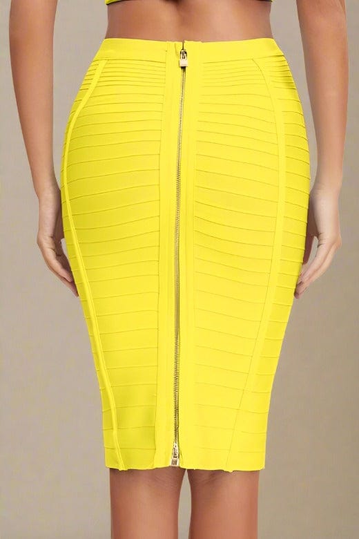 Woman wearing a figure flattering Pencil High Waist Bandage Knee Length Knitted Skirt - Sun Yellow BODYCON COLLECTION