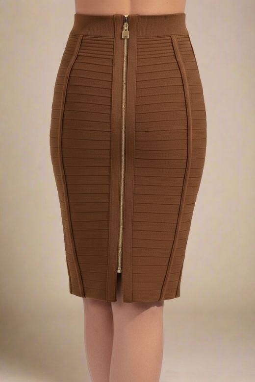 Woman wearing a figure flattering Pencil High Waist Bandage Knee Length Knitted Skirt - Tan Brown BODYCON COLLECTION
