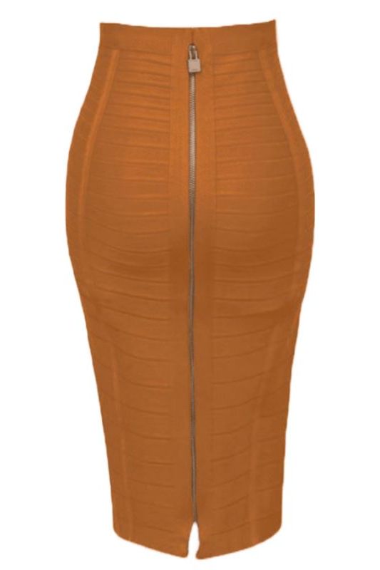 Woman wearing a figure flattering Pencil High Waist Bandage Knee Length Knitted Skirt - Tan Brown BODYCON COLLECTION