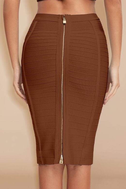 Woman wearing a figure flattering Pencil High Waist Bandage Knee Length Knitted Skirt - Tan Brown BODYCON COLLECTION