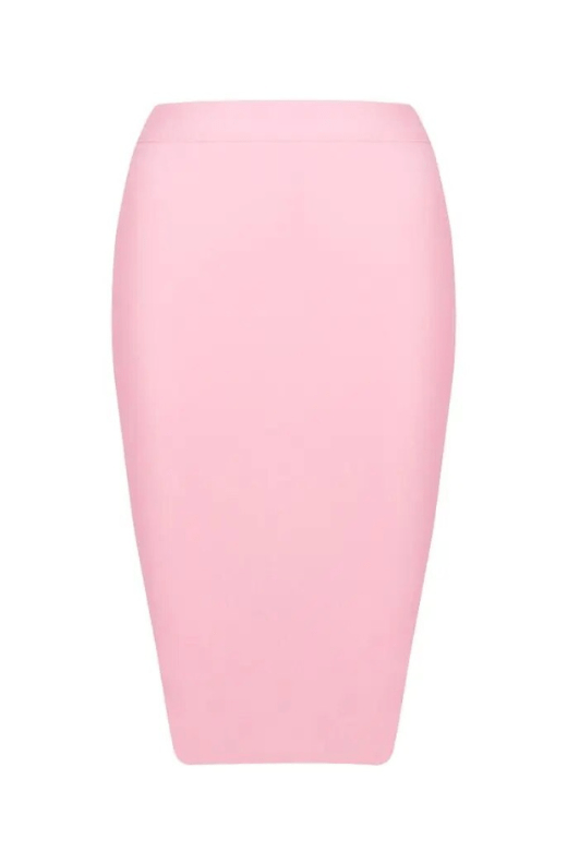 Woman wearing a figure flattering Pencil High Waist Bandage Knee Length Skirt - Blush Pink BODYCON COLLECTION