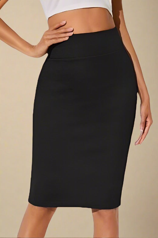 Woman wearing a figure flattering Pencil High Waist Bandage Knee Length Skirt - Classic Black BODYCON COLLECTION
