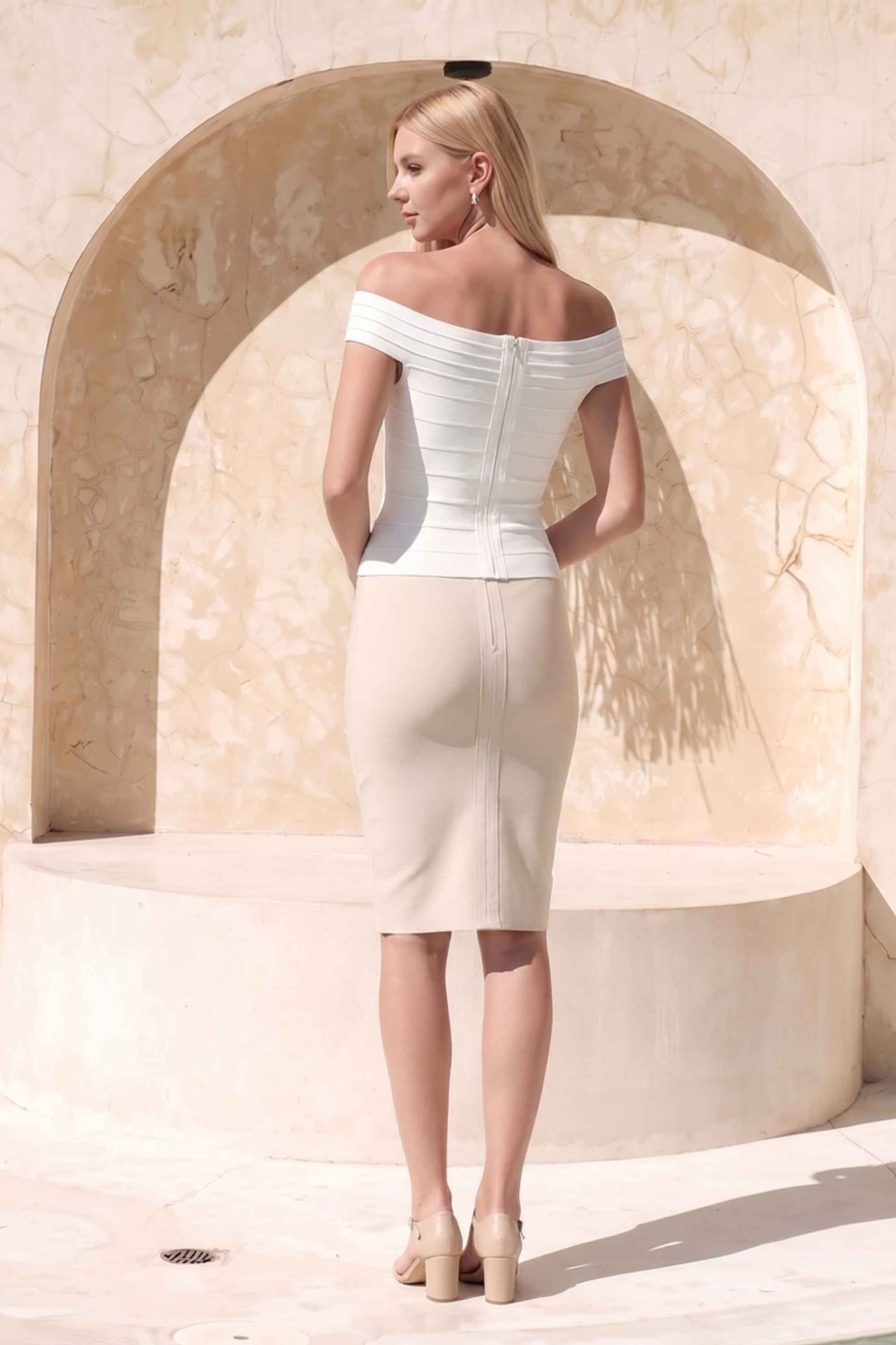 Woman wearing a figure flattering Pencil High Waist Bandage Knee Length Skirt - Cream BODYCON COLLECTION