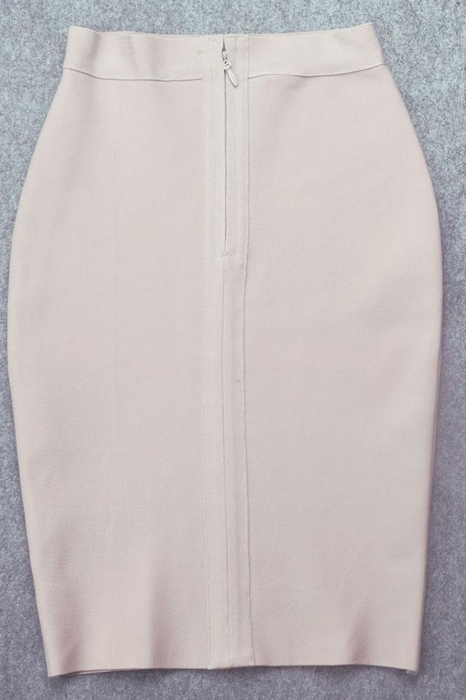 Woman wearing a figure flattering Pencil High Waist Bandage Knee Length Skirt - Cream BODYCON COLLECTION