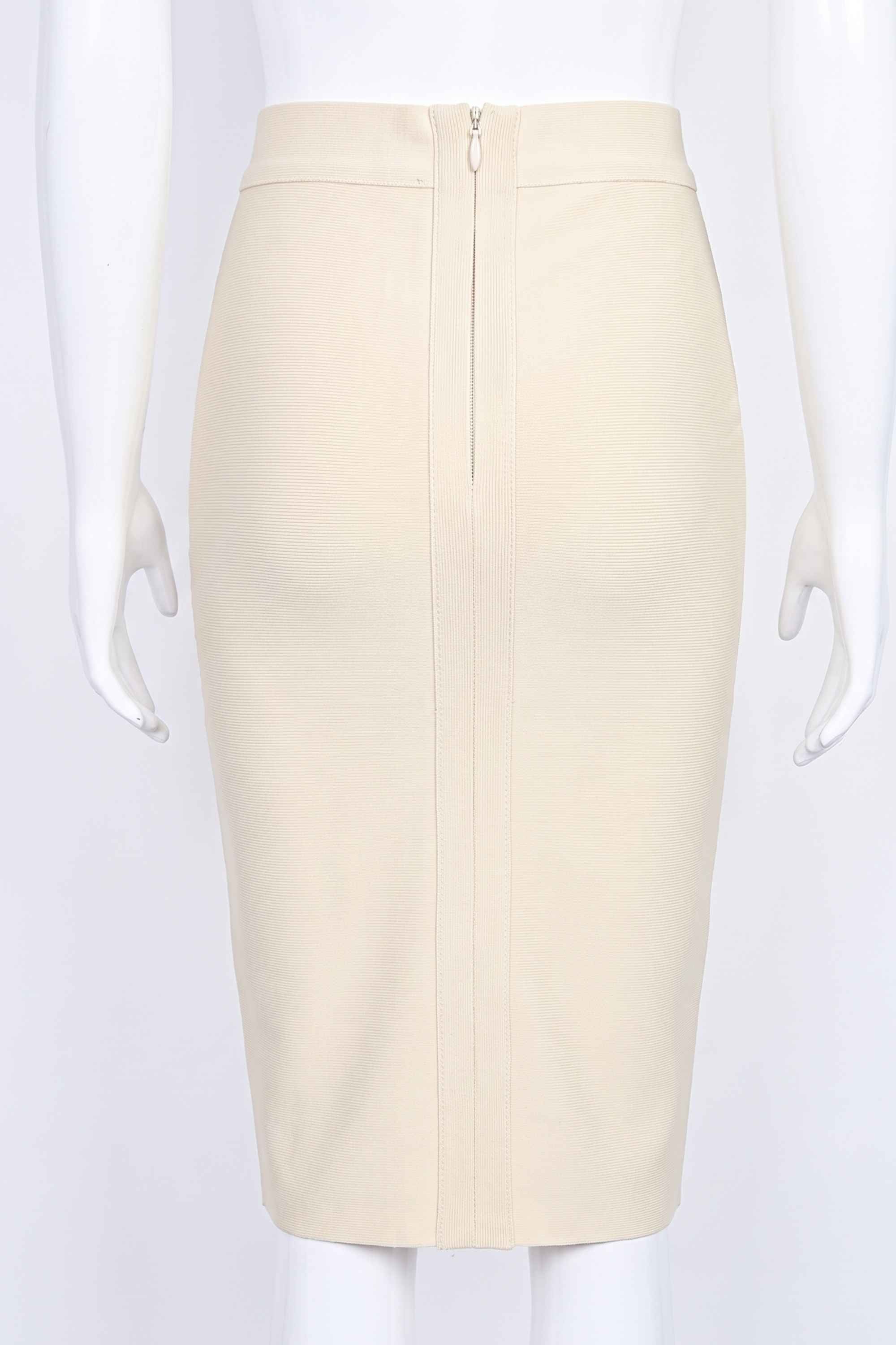 Woman wearing a figure flattering Pencil High Waist Bandage Knee Length Skirt - Cream BODYCON COLLECTION