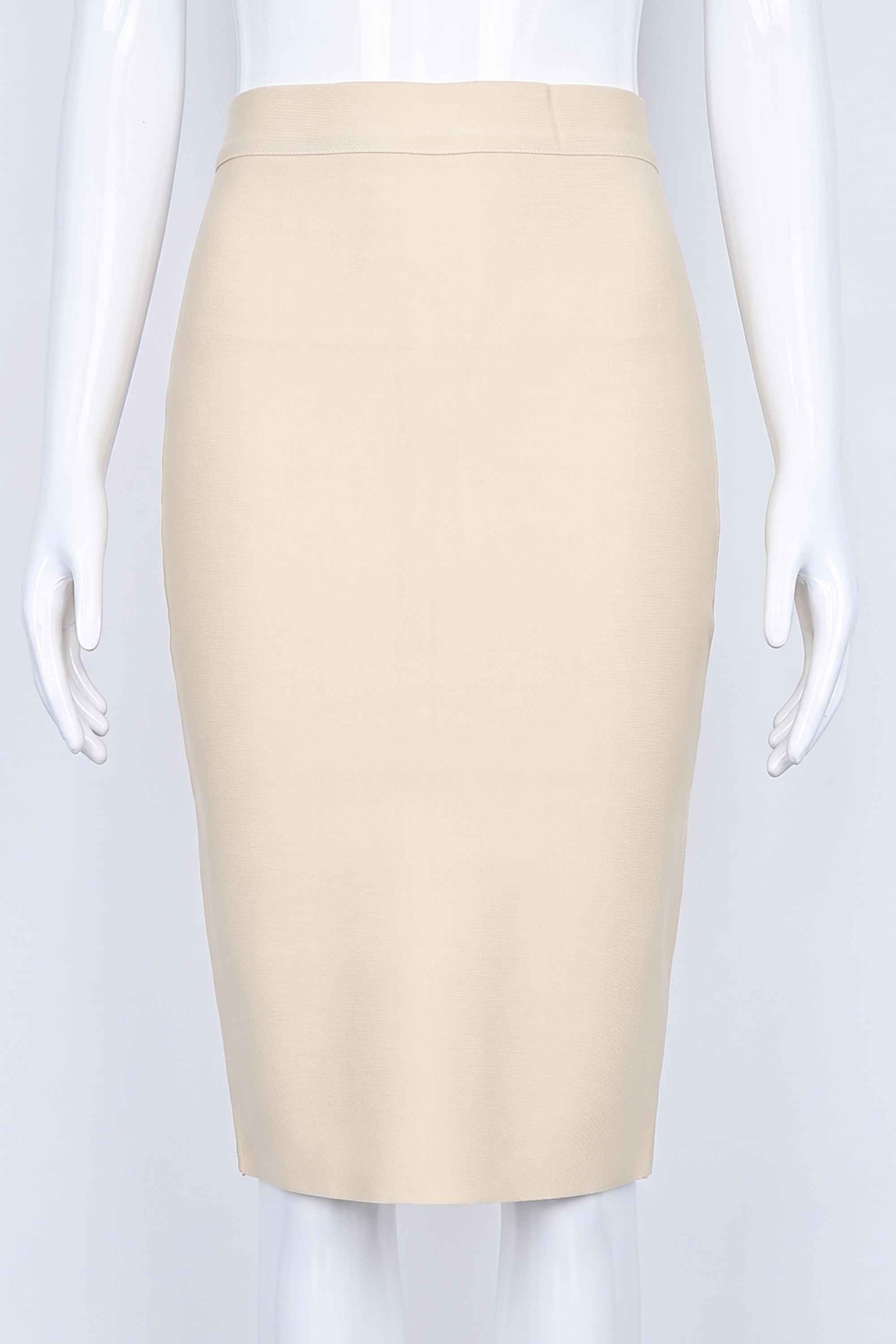 Woman wearing a figure flattering Pencil High Waist Bandage Knee Length Skirt - Cream BODYCON COLLECTION