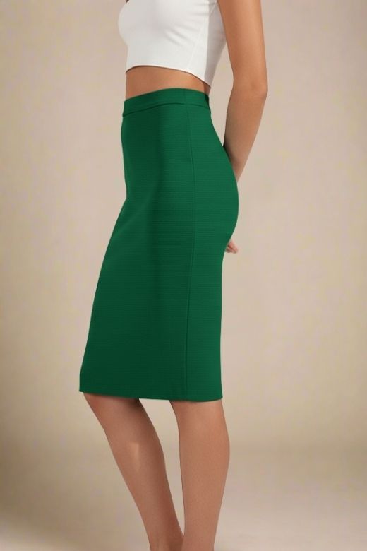 Woman wearing a figure flattering Pencil High Waist Bandage Knee Length Skirt - Emerald Green BODYCON COLLECTION