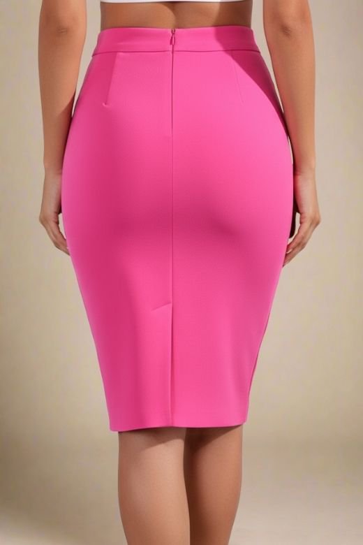 Woman wearing a figure flattering Pencil High Waist Bandage Knee Length Skirt - Hot Pink BODYCON COLLECTION
