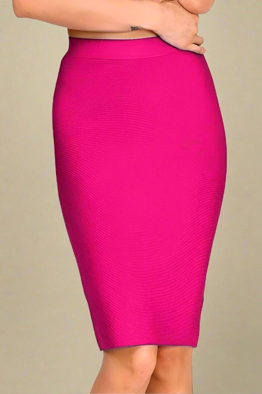 Woman wearing a figure flattering Pencil High Waist Bandage Knee Length Skirt - Hot Pink BODYCON COLLECTION
