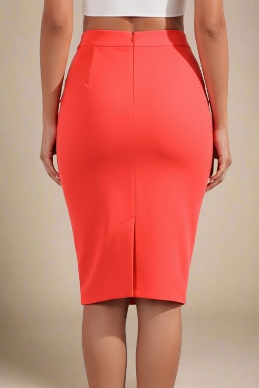Woman wearing a figure flattering Pencil High Waist Bandage Knee Length Skirt - Lipstick Red BODYCON COLLECTION
