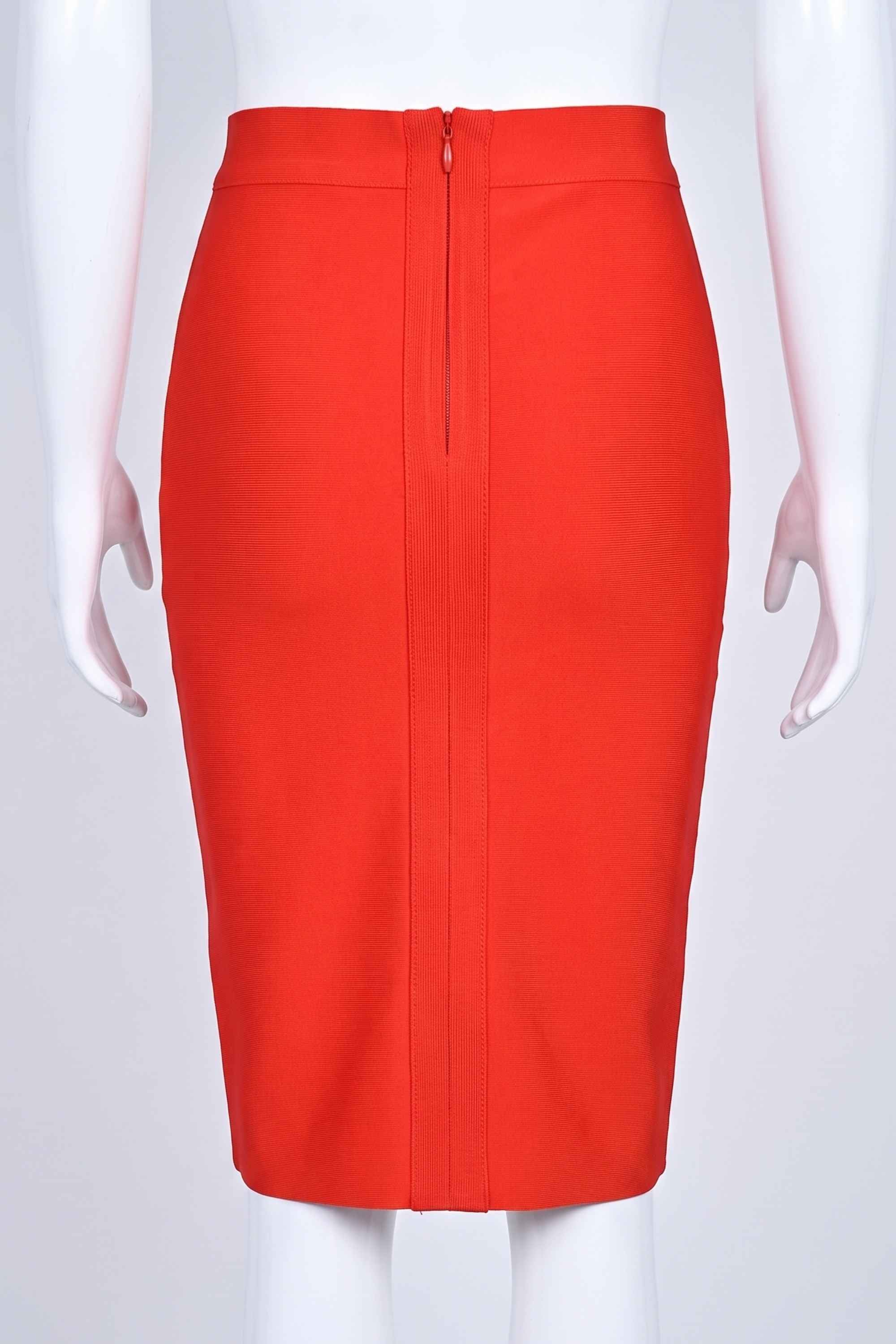Woman wearing a figure flattering Pencil High Waist Bandage Knee Length Skirt - Lipstick Red BODYCON COLLECTION