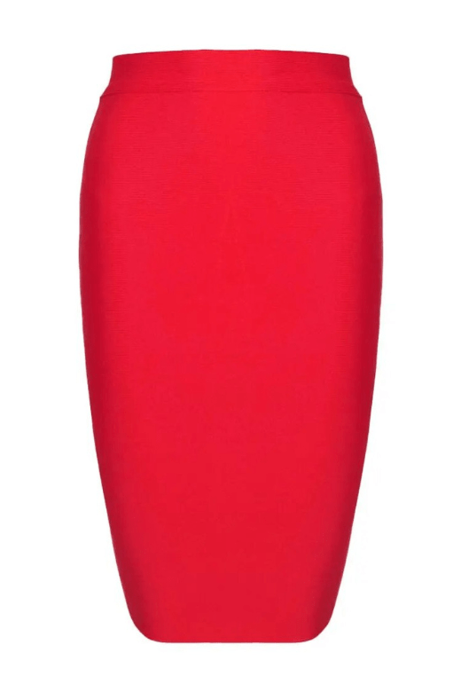 Woman wearing a figure flattering Pencil High Waist Bandage Knee Length Skirt - Lipstick Red BODYCON COLLECTION