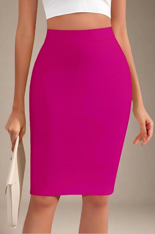 Woman wearing a figure flattering Pencil High Waist Bandage Knee Length Skirt - Magenta Pink BODYCON COLLECTION