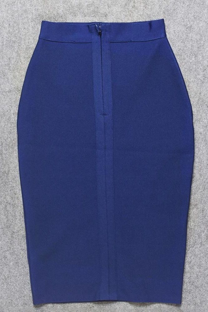 Woman wearing a figure flattering Pencil High Waist Bandage Knee Length Skirt - Navy Blue BODYCON COLLECTION