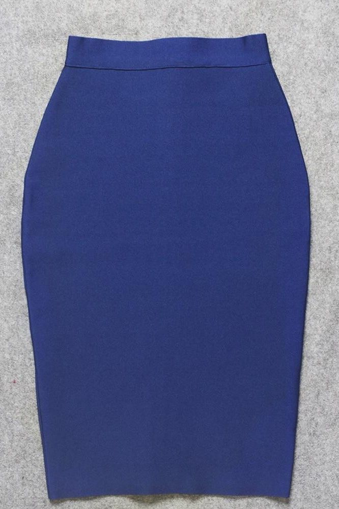 Woman wearing a figure flattering Pencil High Waist Bandage Knee Length Skirt - Navy Blue BODYCON COLLECTION