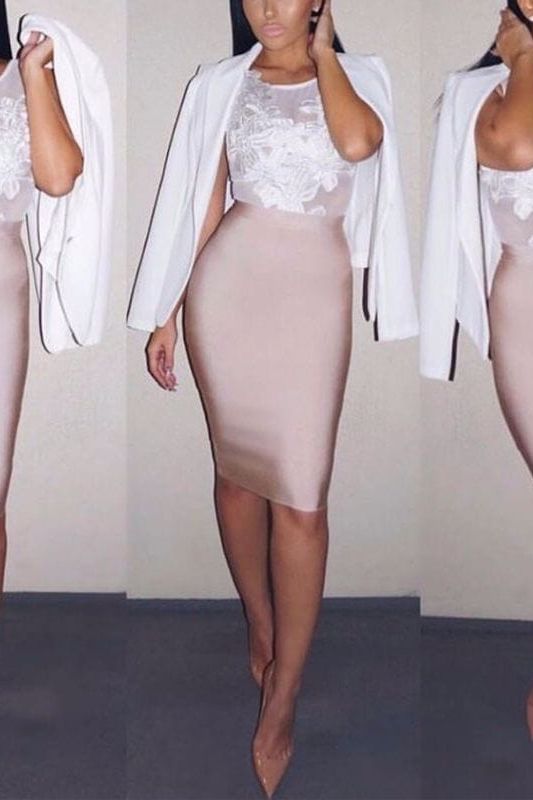 Woman wearing a figure flattering Pencil High Waist Bandage Knee Length Skirt - Navy Blue BODYCON COLLECTION