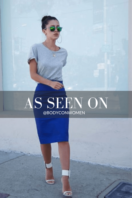 Woman wearing a figure flattering Pencil High Waist Bandage Knee Length Skirt - Navy Blue BODYCON COLLECTION