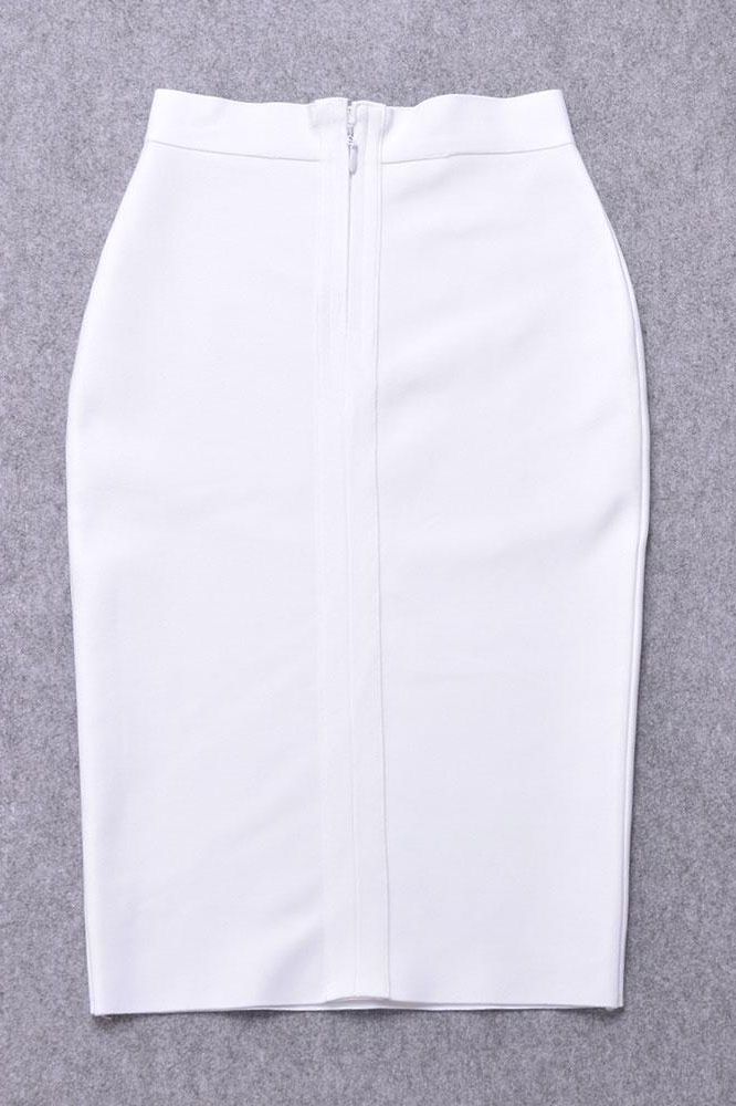 Woman wearing a figure flattering Pencil High Waist Bandage Knee Length Skirt - Pearl White BODYCON COLLECTION