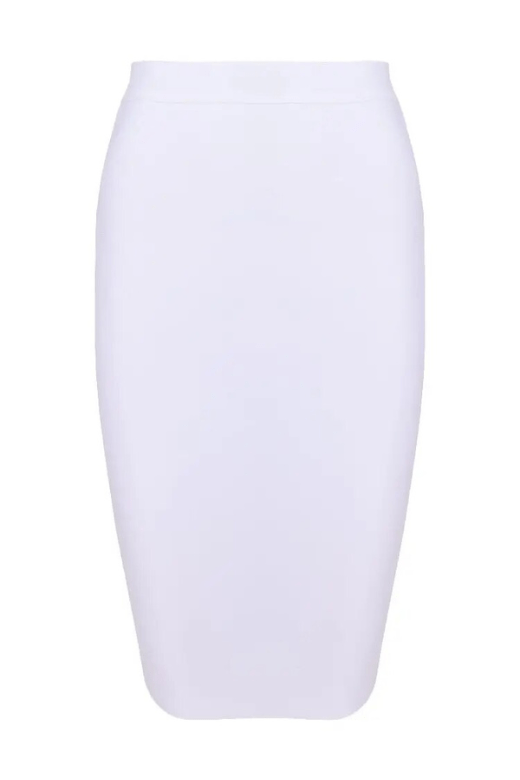 Woman wearing a figure flattering Pencil High Waist Bandage Knee Length Skirt - Pearl White BODYCON COLLECTION