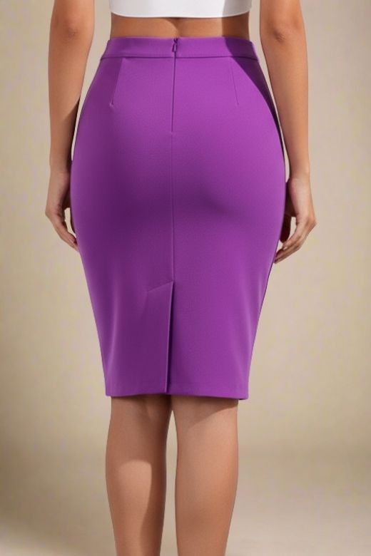 Woman wearing a figure flattering Pencil High Waist Bandage Knee Length Skirt - Plum Purple BODYCON COLLECTION