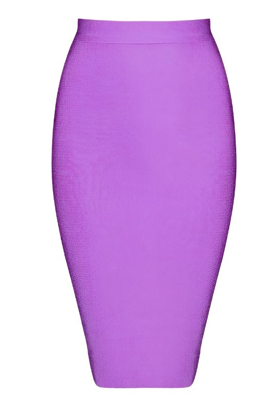 Woman wearing a figure flattering Pencil High Waist Bandage Knee Length Skirt - Plum Purple BODYCON COLLECTION