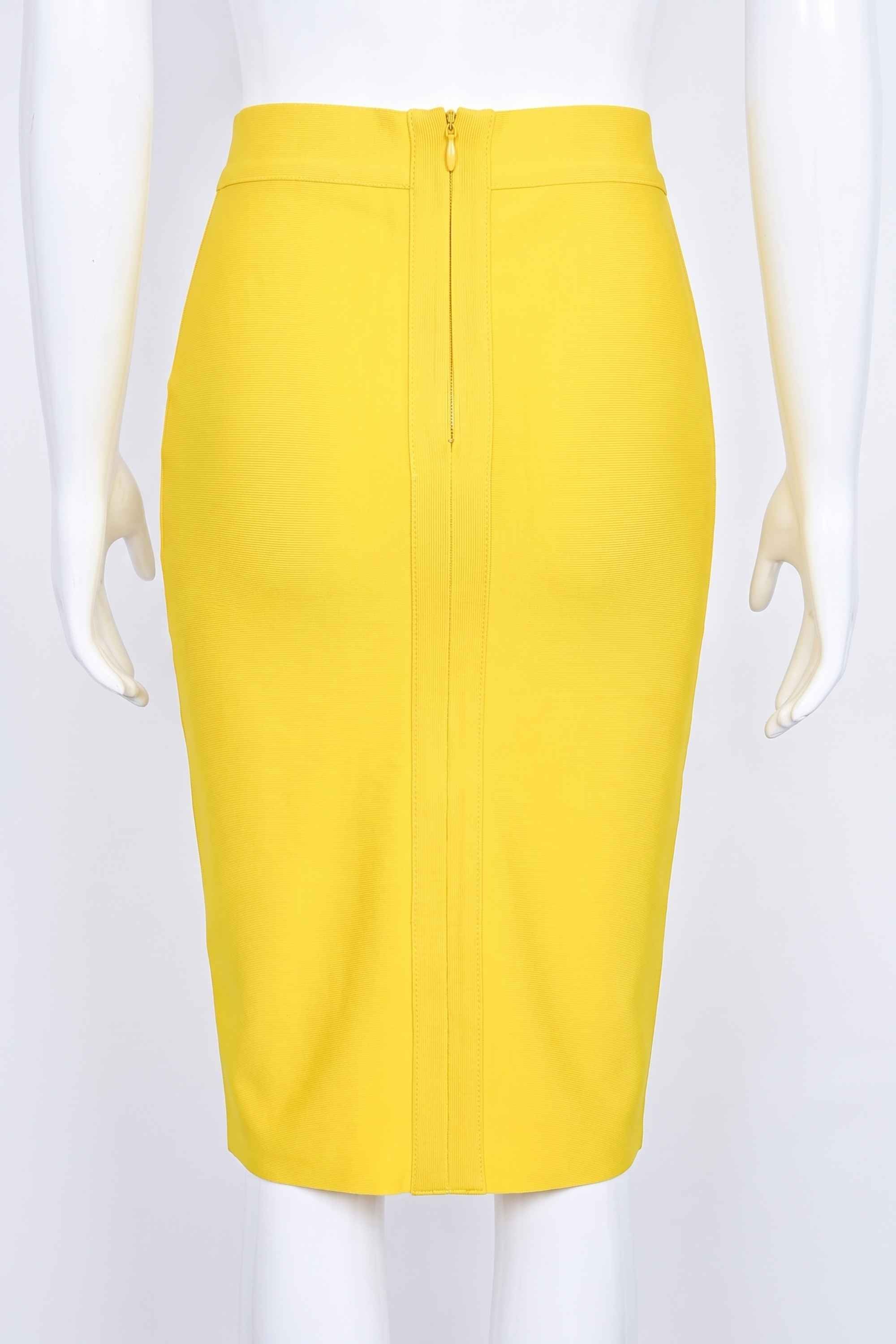 Woman wearing a figure flattering Pencil High Waist Bandage Knee Length Skirt - Sun Yellow BODYCON COLLECTION