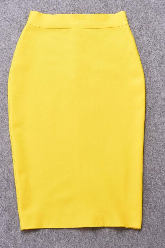 Woman wearing a figure flattering Pencil High Waist Bandage Knee Length Skirt - Sun Yellow BODYCON COLLECTION