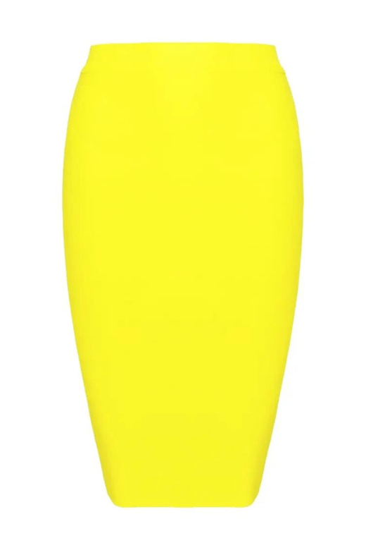 Woman wearing a figure flattering Pencil High Waist Bandage Knee Length Skirt - Sun Yellow BODYCON COLLECTION