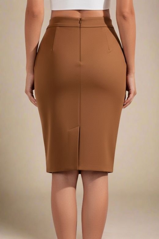 Woman wearing a figure flattering Pencil High Waist Bandage Knee Length Skirt - Tan Brown BODYCON COLLECTION
